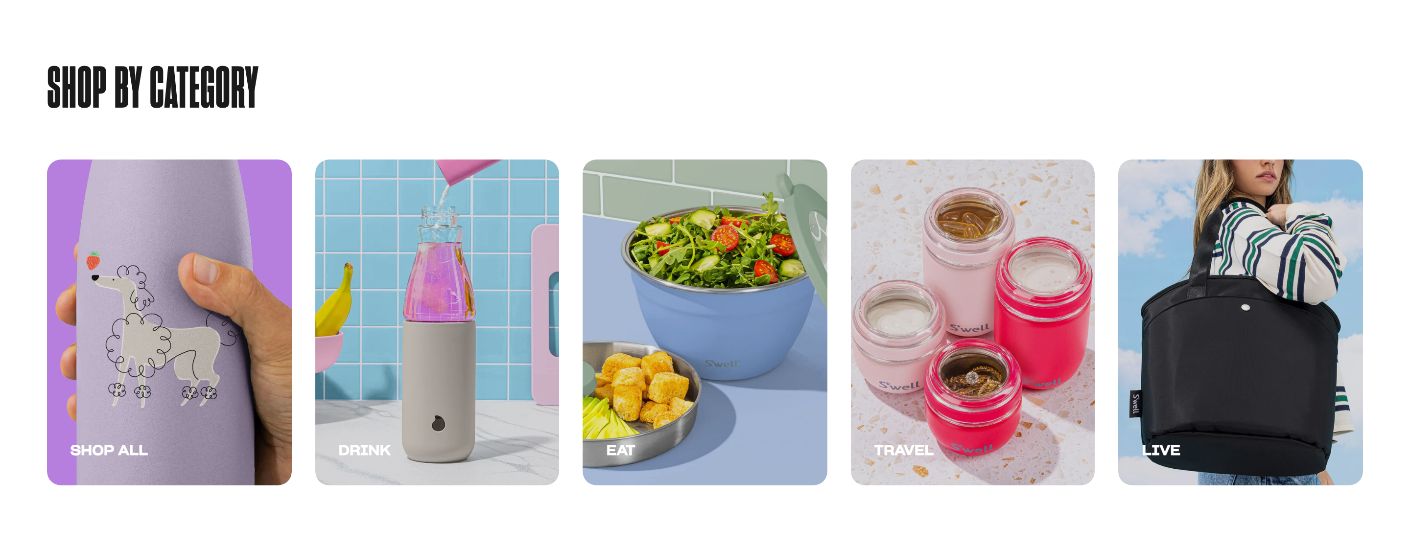 Shop by category: Shop All, Drink, Eat, Travel, Live